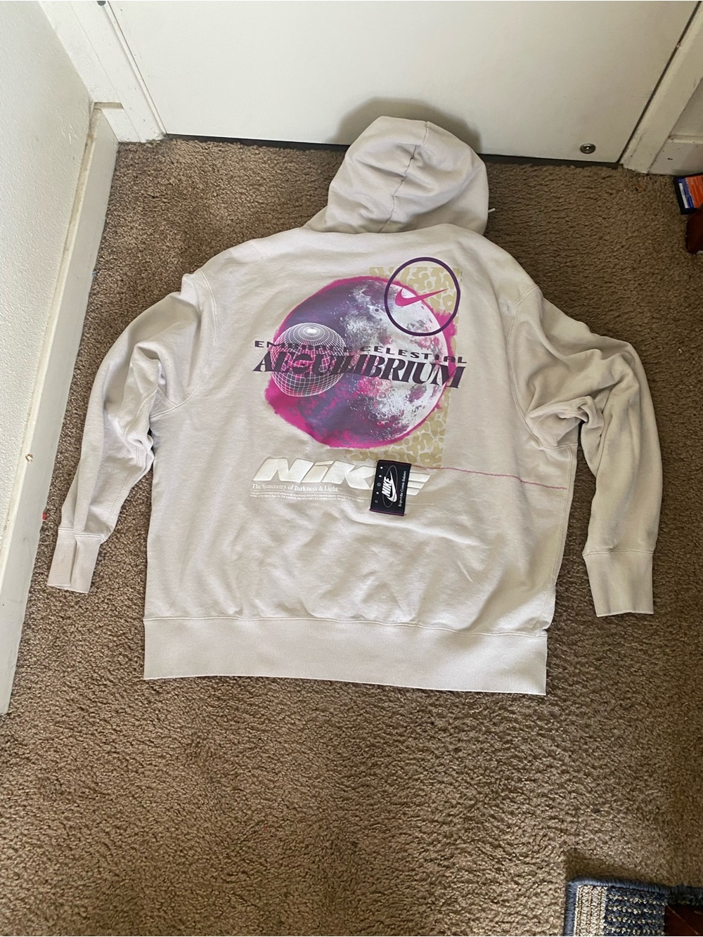Nike Men’s Cream Graphic Crewneck Hoodie with Pink & Purple Accents